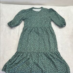 Green Black Floral Mid Length Sleeve Dress